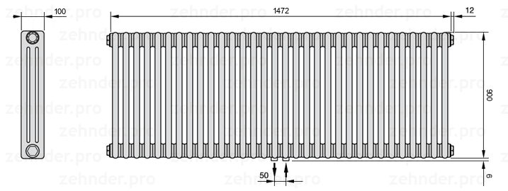 Схема (чертеж) Радиатор Zehnder Charleston 3090/32 №5410 Белый глянцевый RAL 9016